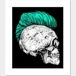 Skeleton skull with iro hairstyle in turquoise Posters and Art